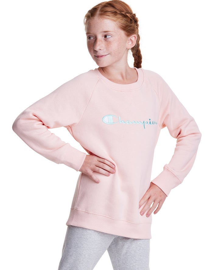 Champion Pige Hættetrøje Koral - Fleece Crew Script Logo - Danmark CBT-239046